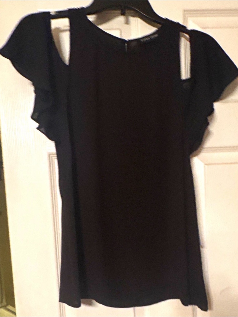 Ivanka Trump Black Chiffon Cold
Shoulder Ruffle Blouse ZipUp Round
Neck S NWT